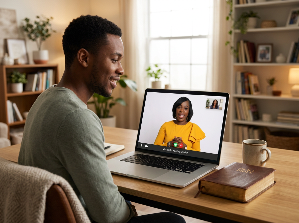 Young adult in a virtual counseling session with Toyin Adefemi
